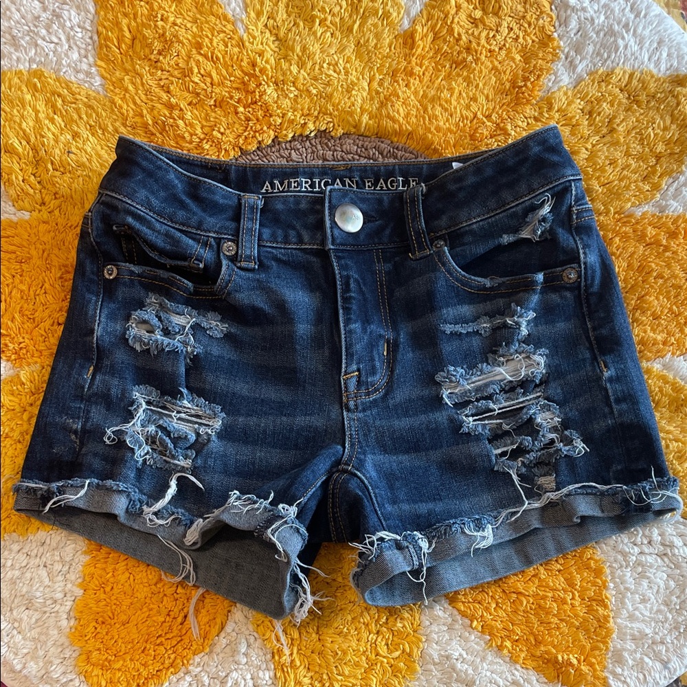 American Eagle Outfitters Women's Ripped Jean Shorts - Dark Blue